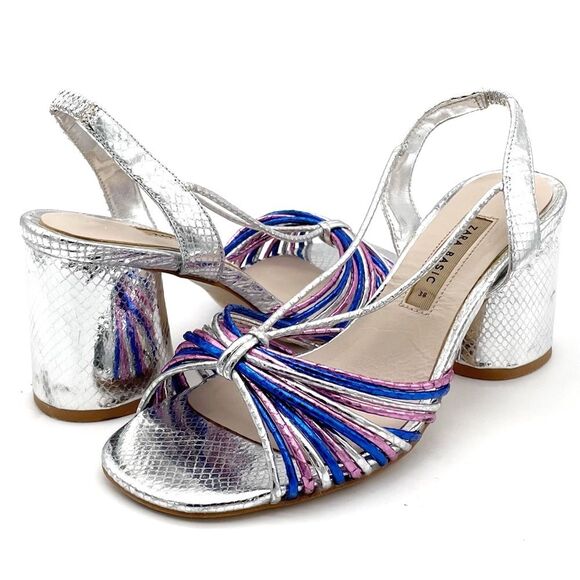 Zara Silver Metallic Block Heel Strappy Sandal Colorful Disco Shoes Size 38 7.5 - Picture 1 of 16